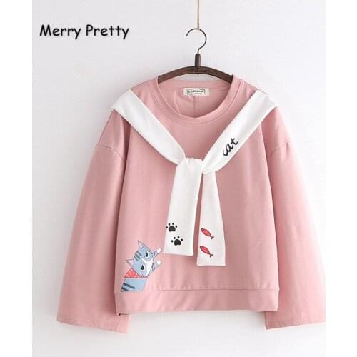 Merry Pretty Women Cartoon Cat Harajuku Hoodies Sweatshirts 2020 Winter Long Sleeve O-Neck Lace Up Tracksuits Casual Pullover