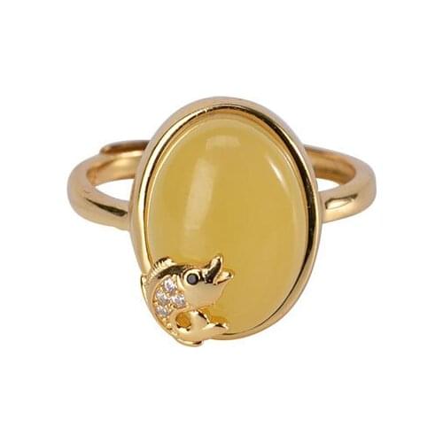 Baifuming S925 sterling silver gold plated Natural Amber Beeswax Ring Retro Temperament Carp Ladies Open ring
