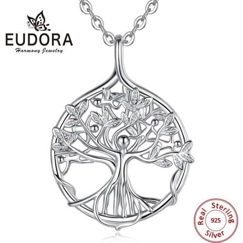 EUDORA Sterling Silver Tree Of life Pendant Silver Family tree Necklace with Happy people Fine Jewelry for Women Party Gift D448
