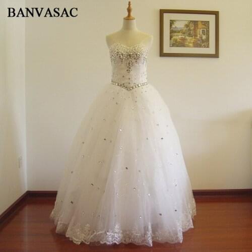 BANVASAC Free Shipping 2017 New A Line Crystal Sleeveless White Satin Bridal Wedding Dress Wedding Gown Vestido De Noiva W0174