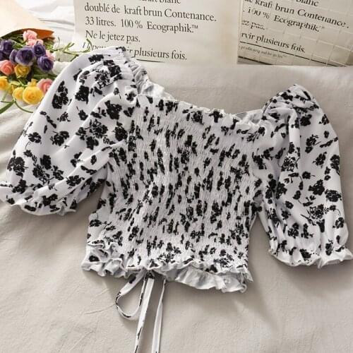 Women Printed Puff Sleeve Blouses Female Sexy Plain Elegant Flounce Hem Pullover Cropped Blouse For Lady Summer Beach Clothing