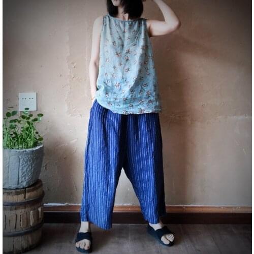 Women Loose Washed Striped linen Pants Ladies Vintage Elastic Waist Flax Stripes Trousers Female Harem Pants 2020 Summer Autumn