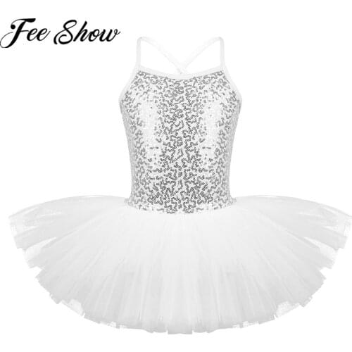 FEESHOW Kids Girls Ballet Tutu Dress Sling Sequins White Lyrical Dance Costumes Ballerina Gymnastics Leotard Ballet Dance Dress