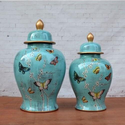 Ceramic vase Ceramic Ginger Jar Beautiful Butterfly pattern blue European Style Living Room Decoration porcelain temple jar vase