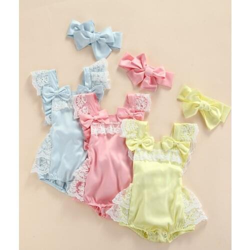 FOCUSNORM 2pcs Summer Baby Girls Princess Romper Headband Lace Flowers Printed Ruffles Sleeveless Backless Jumpsuits