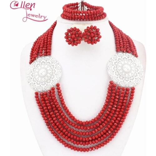 Red African Beads Jewelry Set Crystal Beads Necklace Set Nigerian Wedding bridal Crystal Jewelry Set for women E1039