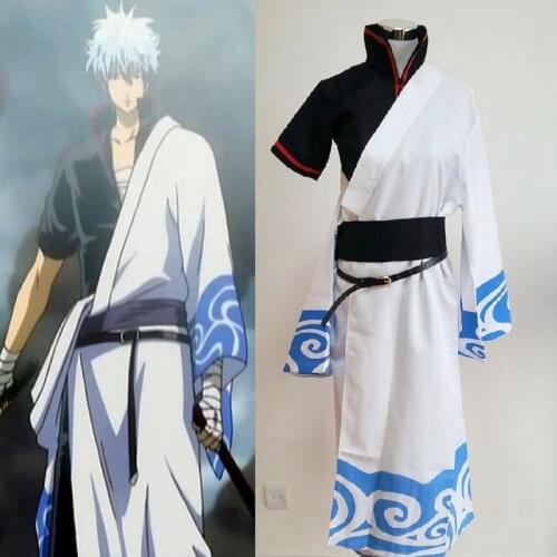Halloween Anime Gintama Clothing Silver Soul Sakata Gintoki Cosplay Costume 5 in1 full set Cloak+Black Top+Pants+Belt+Girdle