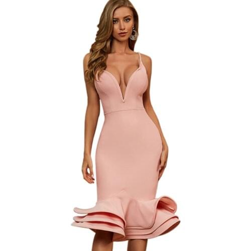 Summer Womens Dress Sexy Deep V Neck Bodyco Bandage Design Pink Sleeveless Wedding Party Knee Length Ruffled Dresses 2021