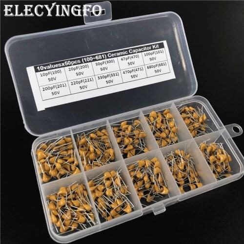 Multilayer/Monolithic Ceramic Capacitor kit 50V 10pF~680pF (100~681) P=5.08 10Valuesx50 Total 500pcs with box