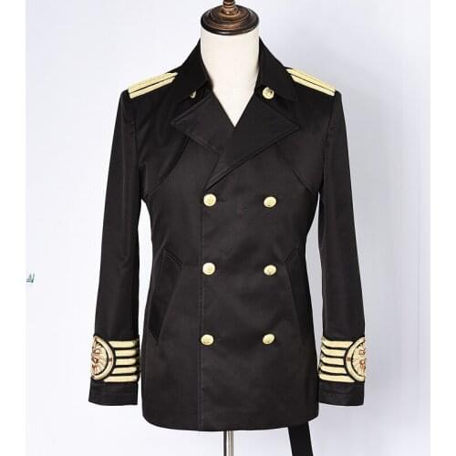 Hot New Mens Handmade Embroidery Of Gold Thread Trench Coat England Double-breasted Long Pea Coat Hair Stylist Windbreaker Gift