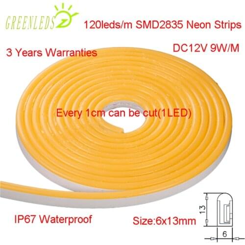 Neon Strips 120leds/m SMD2835LEDs DC12V 6x13mm 9w/m Silicone Casing IP67 waterproof Flexible Strips with 3 Years Warranties