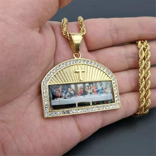 Iced Out The Last Supper Pendant Necklace Male Gold Color Stainless Steel Cross Necklaces For Men Religious Jewelry