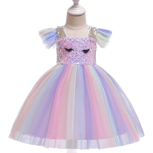 Girls dress 2020 summer new girls embroidered eyelashes sequins fly sleeveless rainbow mesh princess dress
