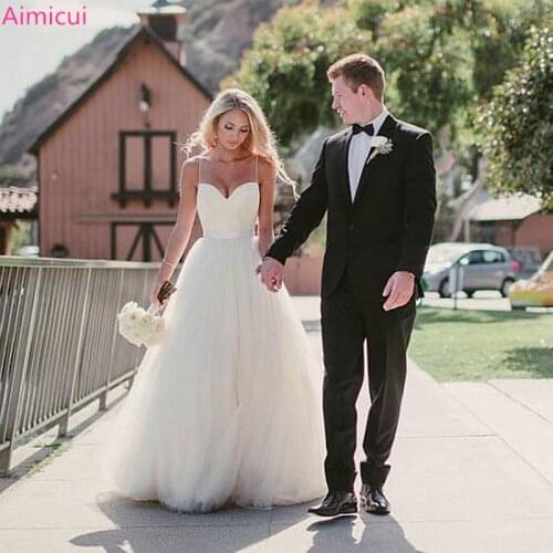 Spaghetti Strap Beach Wedding Dresses 2021 Vestido Noiva Praia Simple White Tulle Casamento Sashes Bridal Gown Custom made