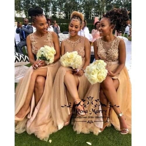 Luxury Pearls African Bridesmaids Dresses for Black Girls 2021 A Line Vintage Lace High Split Tulle Skirt Nigeria Maid Of Honors