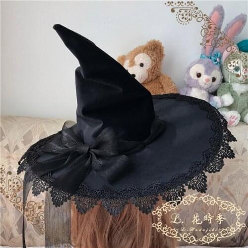 Lolita Witch Hat Gothic Magic Halloween Costume Accessories Props Vintage Lace Big Bow Masquerade Party Peaked Cap Wizard hat