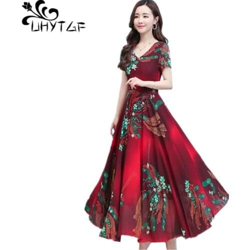 UHYTGF Elegant Women 4XL Plus Size Dress Fashion Floral Large Swing Chiffon Summer Dress V-neck Short-Sleeved Female Dresses1399
