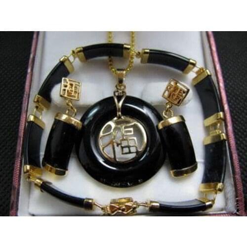 Fine Natural Black jade pendant necklace bracelet earrings Jewelry set AAA