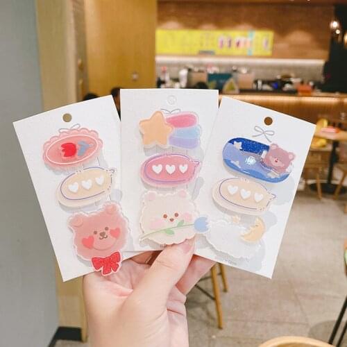 3Pcs/Set Cartoon Bear Girls Hairpins Women Lovely Hair Accessoires Sweet Color Kids Acrylic Side Clips Star Hairdresses Gifts