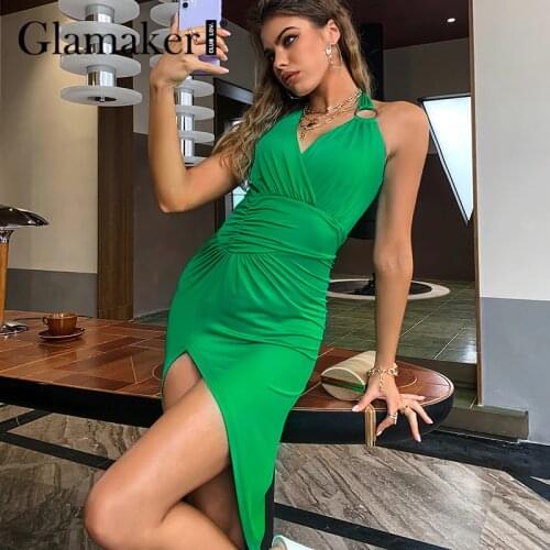 Glamaker Sexy backless green Irregular hem summer dress Halter bodycon fashion chic elegant dinner dress Party club vestidos