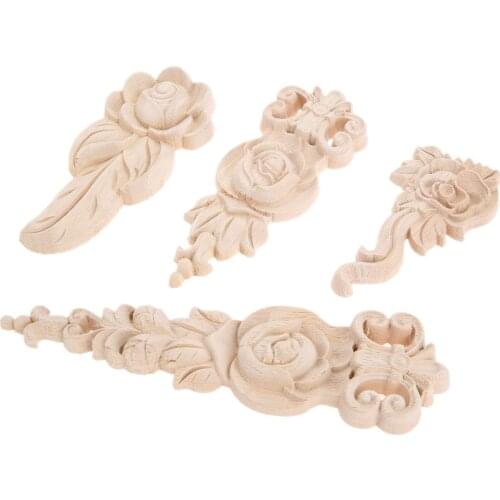 1pc Rose Unpainted Wooden Moulding Corner Decal Woodcarving Natural Wood Appliques Furniture Decor 3D Flower Figurine 10-19cm