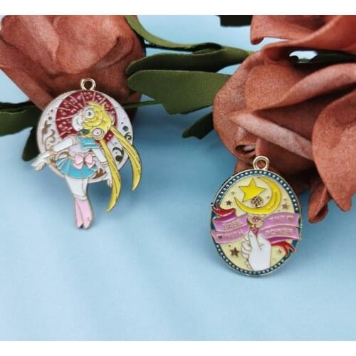 10pcs DIY Jewelry Findings Gold Tone Plated Kawaii Enamel Necklace Pendants Cute Moon Cat Rose Flower Beauty Girl Alloy Charms