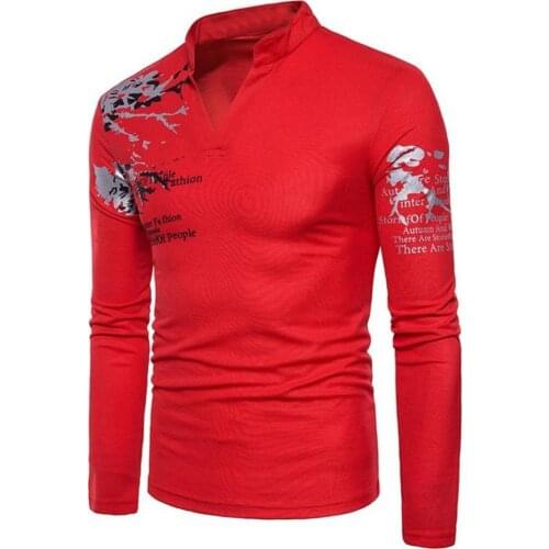 80%HOT Men Flower English Letter Print V-Neck T-Shirt Stand Collar Long Sleeve Tee Top