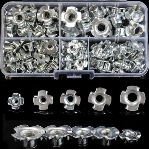 90pcs Assorted Carbon Steel Four Pronged T Nuts M3/M4/M5/M6/M8 Blind Inserts Nut Kit For Wood Furniture