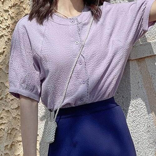 White Shirt Lantern Sleeve Lace Round Neck Shirt Womens New 2021 Summer Short Sleeve Tops Single Breasted Thin Clothing 15373