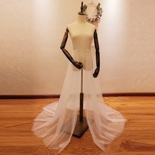 White Detachable Bridal Tulle Overskirt 2 Layers Floor Length Long Train Tailing Removable Overskirt For Wedding Accessories