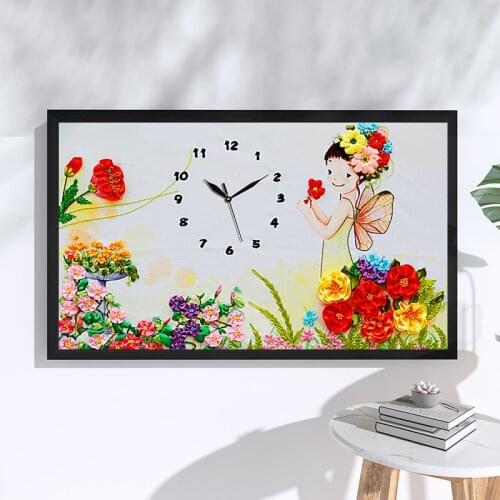 DIY Ribbon Embroidery 5D Flower Fairy Clock Decorative Painting Colored HD Prints Needlework Cross Stitch Kit Home Decor