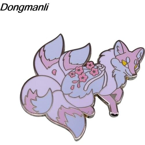 DZ113 Four Tailed Sakura Fox Enamel Pins Brooches Women Fashion Lapel Backpack Bags Badge Gifts Jewelry