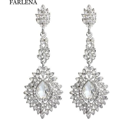 FARLENA Jewelry Silver Plated Clear Crystal Dangle Earrings with Full Rhinestones Luxury Bridal Wedding Jewelry Earring