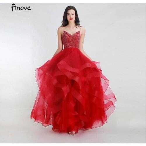 Finove 2020 New Evening Dresses Gorgeous Red Sexy Spaghetti Strap Lace Up Back With Beading Ruffles A Line Formal Dress Gowns