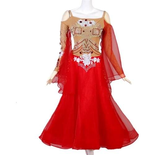 Red Shiny Diamond Embroidered Lace Long Sleeve Dresses Ballroom Dance Competition Dress Modern Dance Costume Waltz Wear DQL2134