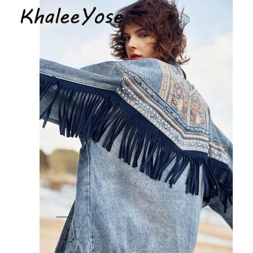 KHALEE YOSE Floral Embroidery Denim Jacket Autumn Women Vintage Boho Jacket Oversize Fringe Rivet Coat Long Sleeve Streetwear