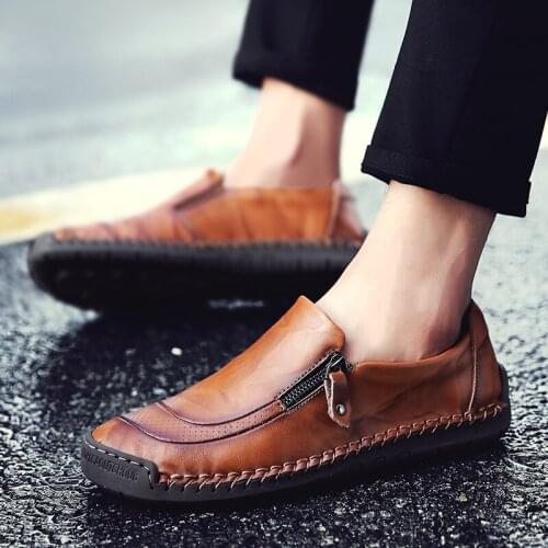 Summer Plus Size 38-48 Genuine Leather Men Loafers Flats Zip Casual Shoes Luxury Brand Breathable Slip on Brown Driving Shoes