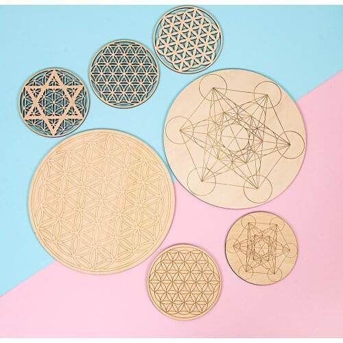 2021 New Chakra Flower of life Natural Symbol Wood Round Edge Circles Carved Coaster for Stone Crystal Set DIY Healing Decor