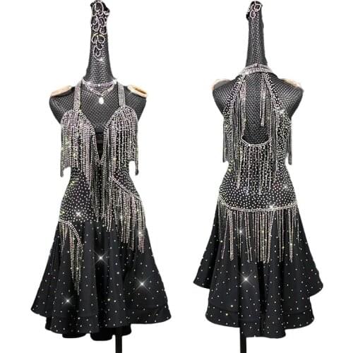 New Latin Dance Dress Female Adult Black Flash Rhinestone Professional High-end Sexy Tassel Dance Skirt Competition Costume