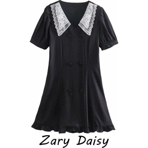 Zary daisy2021 early spring new slim body show thin French black lace doll neck dress skirt