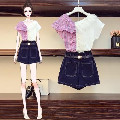 New Two Piece Set Women Clothes Summer Casual Plaid Patchwork Ruffles Mesh TShirt Top And Short Jeans Suits Denim Shorts Sets