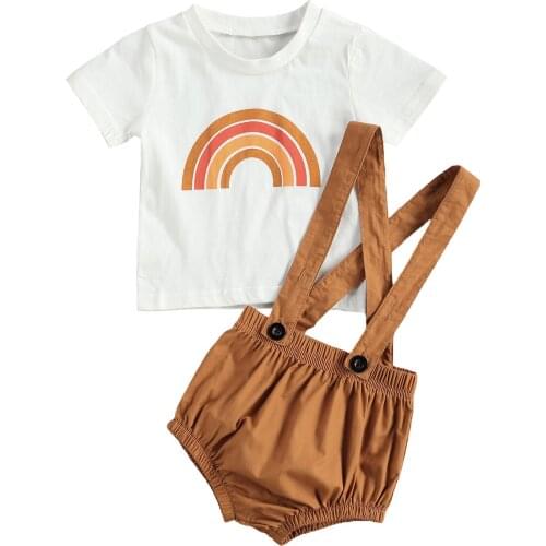 New 2 Pcs Newborn Summer Outfits, Baby Girls Rainbow Print Short Sleeves Round Neck T-shirt + Solid Color Suspender Pants