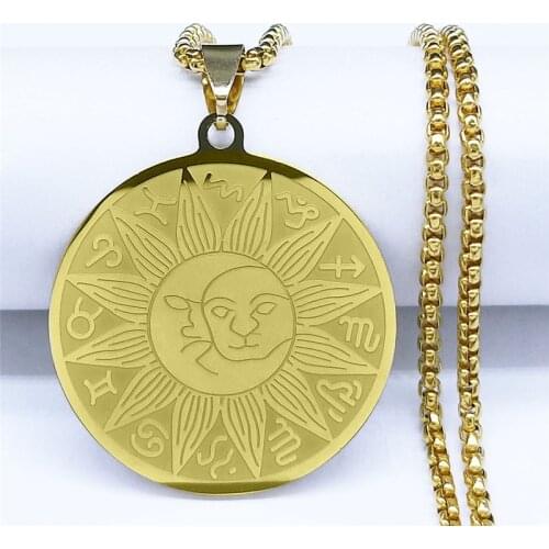 12 Constellations Sun Moon Astrology Stainless Steel Chain Necklaces Gold Color Women/Men Necklace Jewelry collane N4512S02