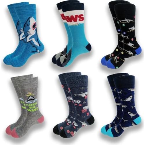 A Pair of Autumn and Winter Mens Socks Shark Pattern Soft Comfortable Warm Leisure Senior Sewing Crew Stockings