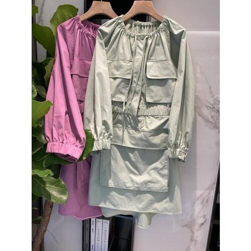 Luxury 2021SS Summer New Women Fashion Casual High Quality Pockets Long Sleeve Dress 2 Color Gdnz 5.22