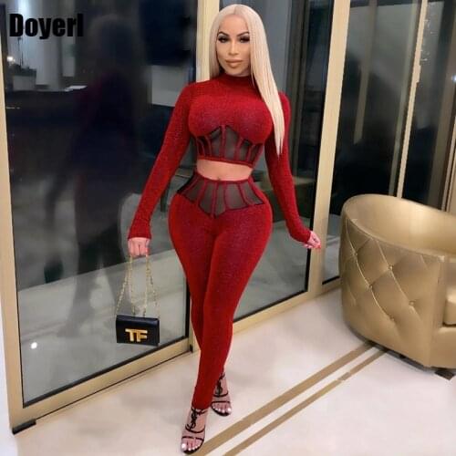 Sexy 2 Piece Pants Sets Women Festival Clothing Patchwork Mesh Crop Top and Bodycon Pants Club Two Piece Outfits for Women Set