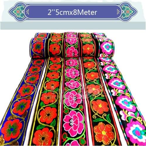 Excellent 2"5cmx8M 5 design cherry blossoms embroidery webbing lace Polyester Woven Jacquard Ribbon DIY Clothing Accessories