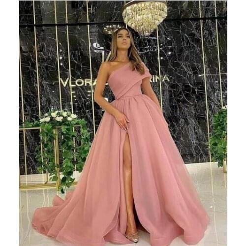 Vintage A-Line Long Dusty Pink One Shoulder Evening Dresses with Slit Floor Length Zipper Back Formal Party Dress for Women