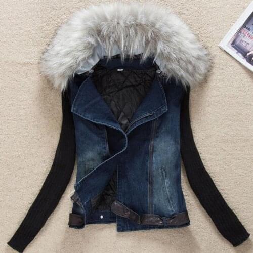 Plus size 2XL Winter Women short Thick Denim Cotton-padded jacket Casual Winter Fur Collar Coat Women Jean coat