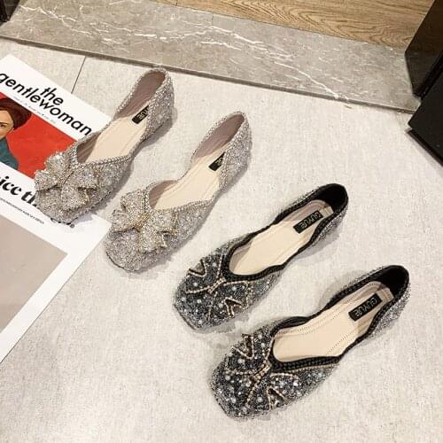Womens Flat Shoes Korean Fashion Square Toe Rhinestone Bow Doll Shoes